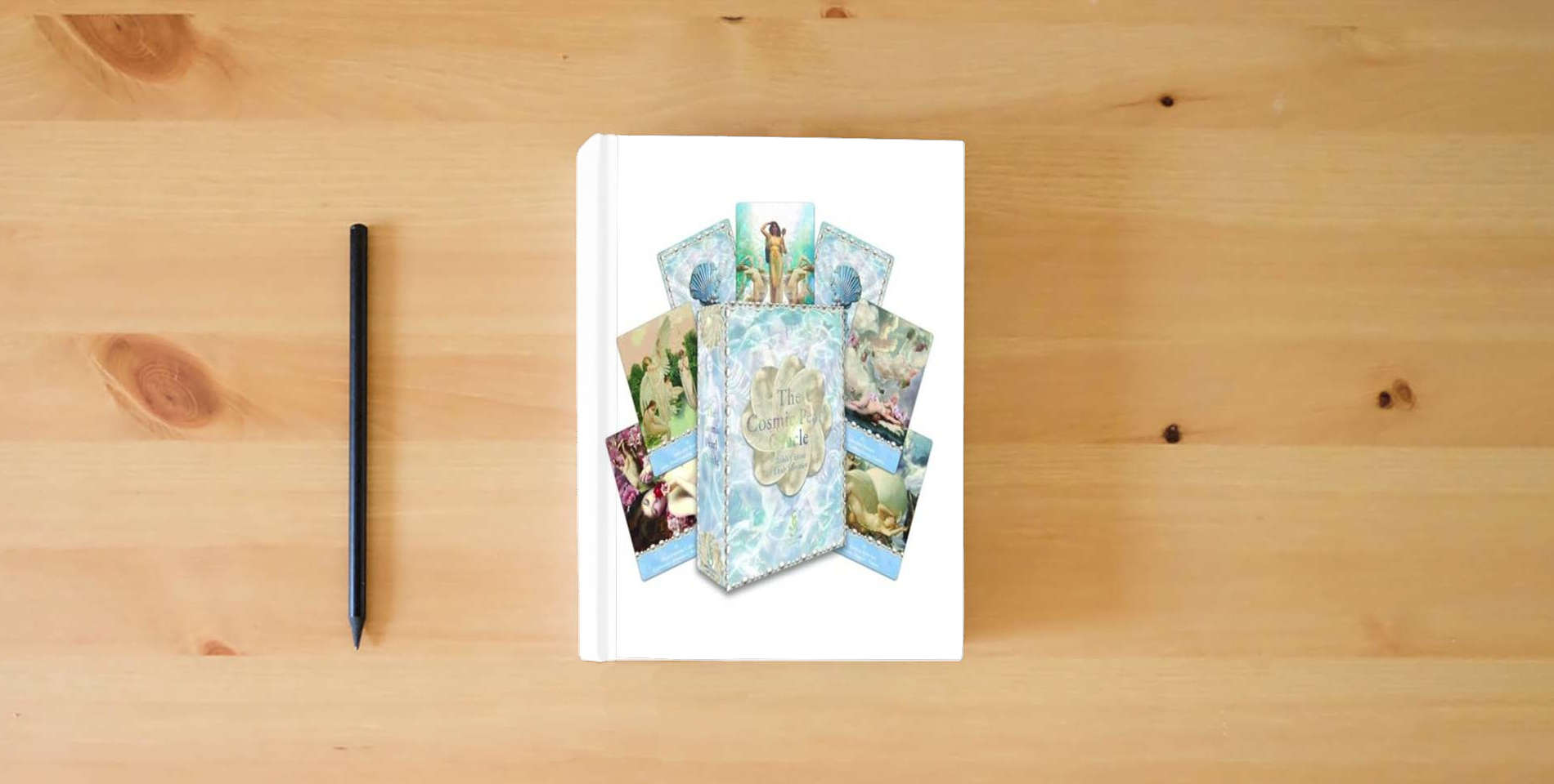 The book The Cosmic Pearl Oracle: Embark on a journey of sacred love and infinite wisdom with Divine Feminine guidance (44 Full Color Cards and 120-Page Full-Color Guidebook) is on the table