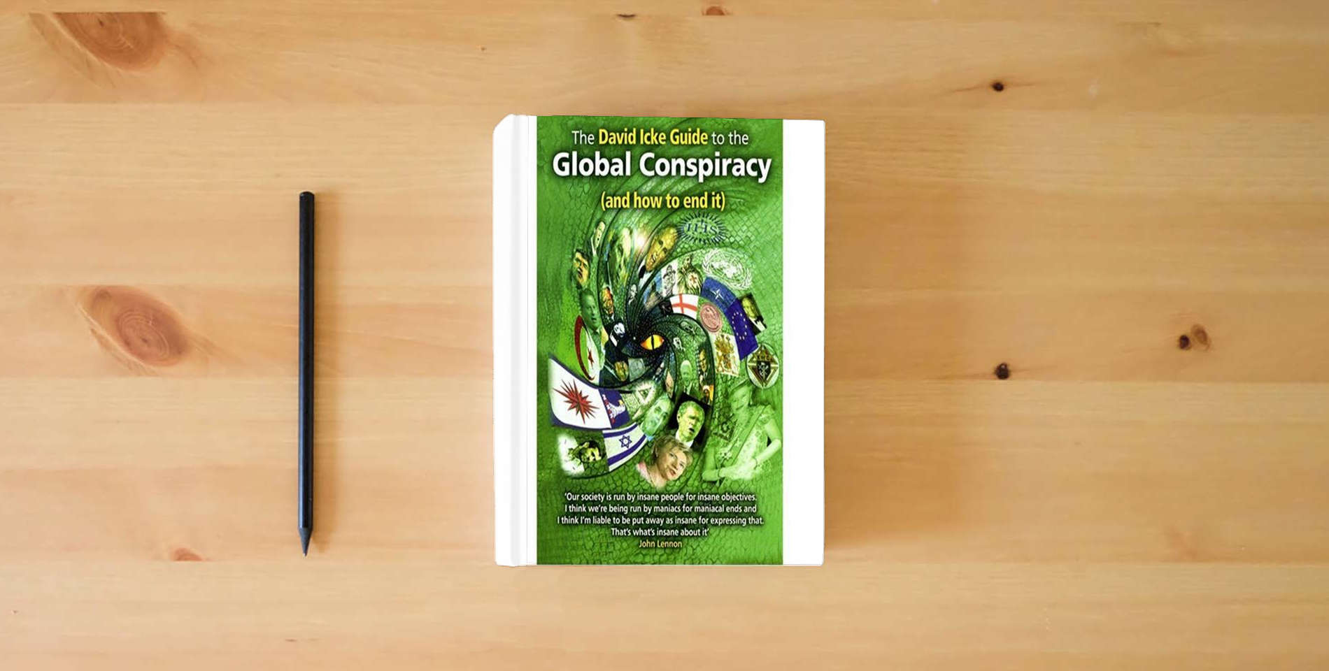 The book The David Icke Guide to the Global Conspiracy is on the table