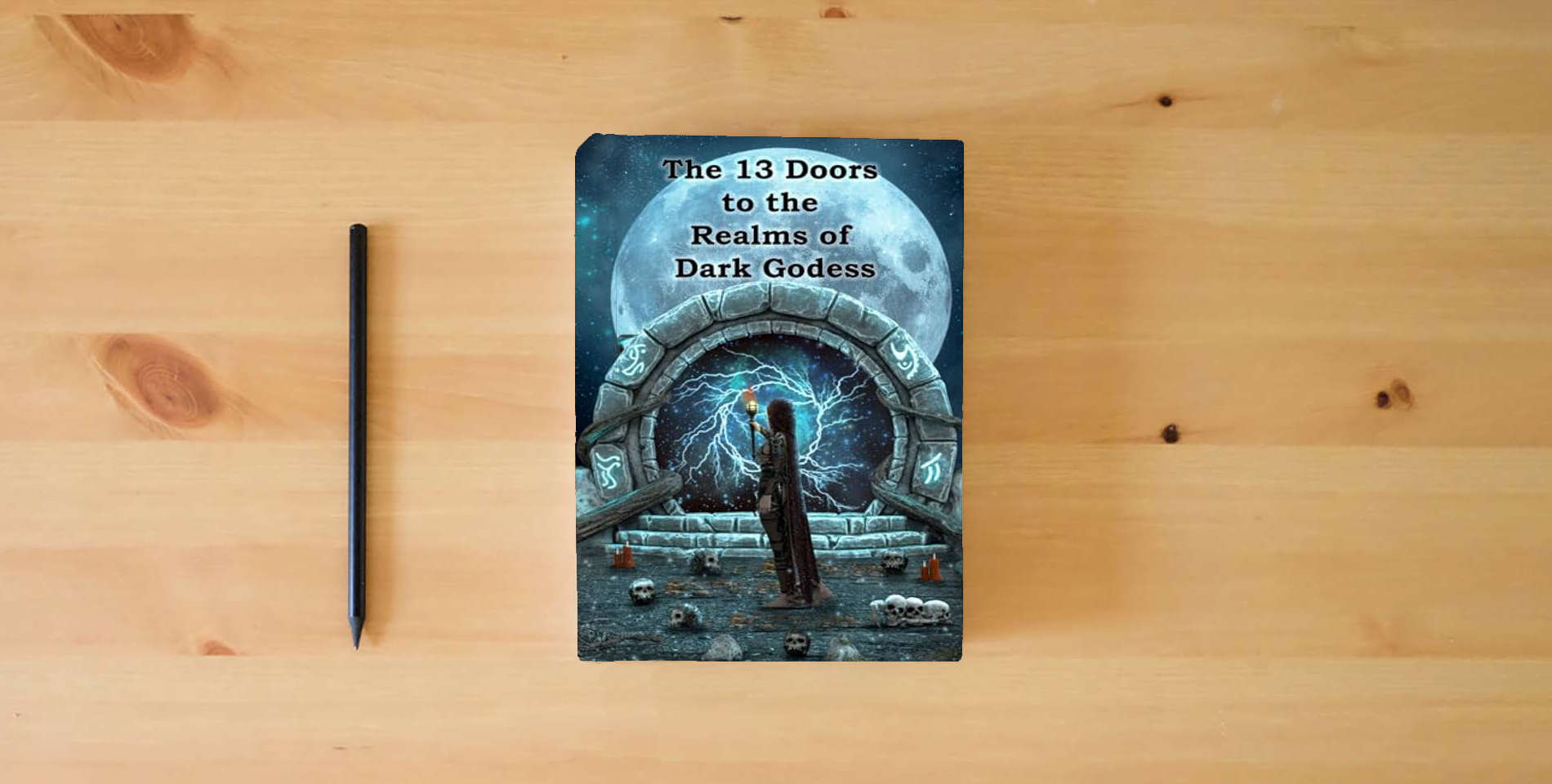 The book The 13 Doors to the Realms of Dark Godess: Void Edition is on the table