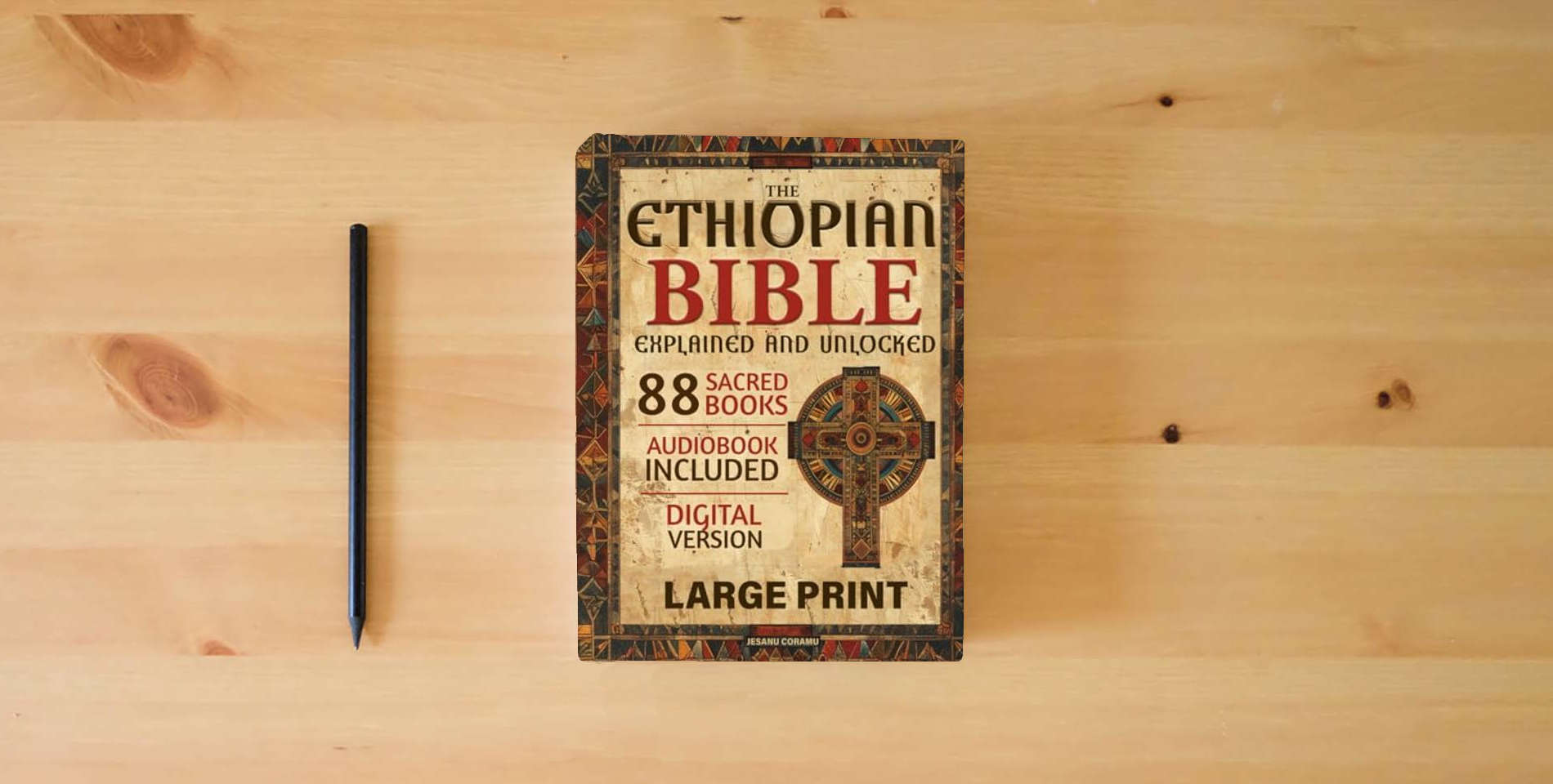 The book The Ethiopian Bible Explained and Unlocked: The Complete 88 Sacred Books in English with Enoch, Jubilees, and Apocrypha – A Guided Edition with Commentary, Context, and Spiritual Insights. is on the table