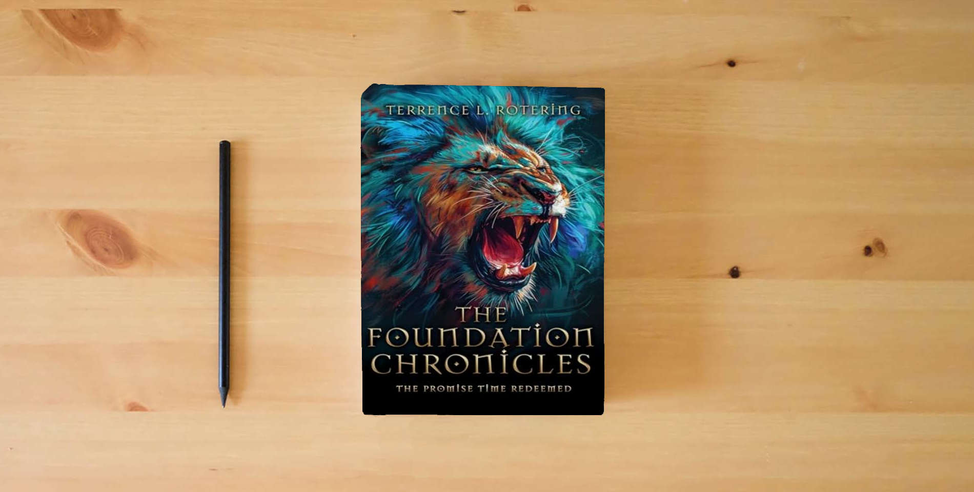 The book The Foundation Chronicles: The Promise Time Redeemed is on the table