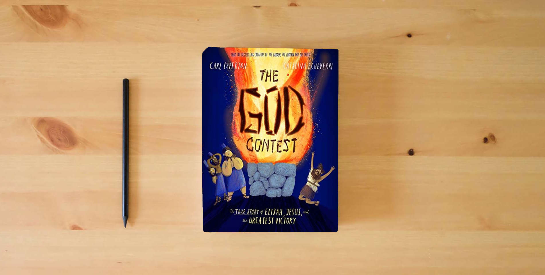 The book The God Contest Storybook: The True Story of Elijah, Jesus, and the Greatest Victory (Illustrated Bible book to gift kids ages 3-6 and help them to ... the one true God) (Tales That Tell the Truth) is on the table