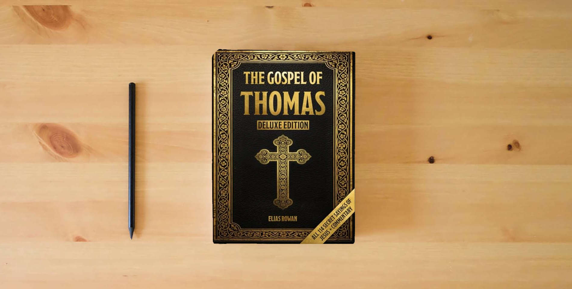 The book The Gospel of Thomas (Deluxe Edition): Discover All 114 Secret Sayings of Jesus — With Spiritual Commentary to Awaken Your Inner Light, Escape Religious Dogma, and Find the Kingdom Within is on the table