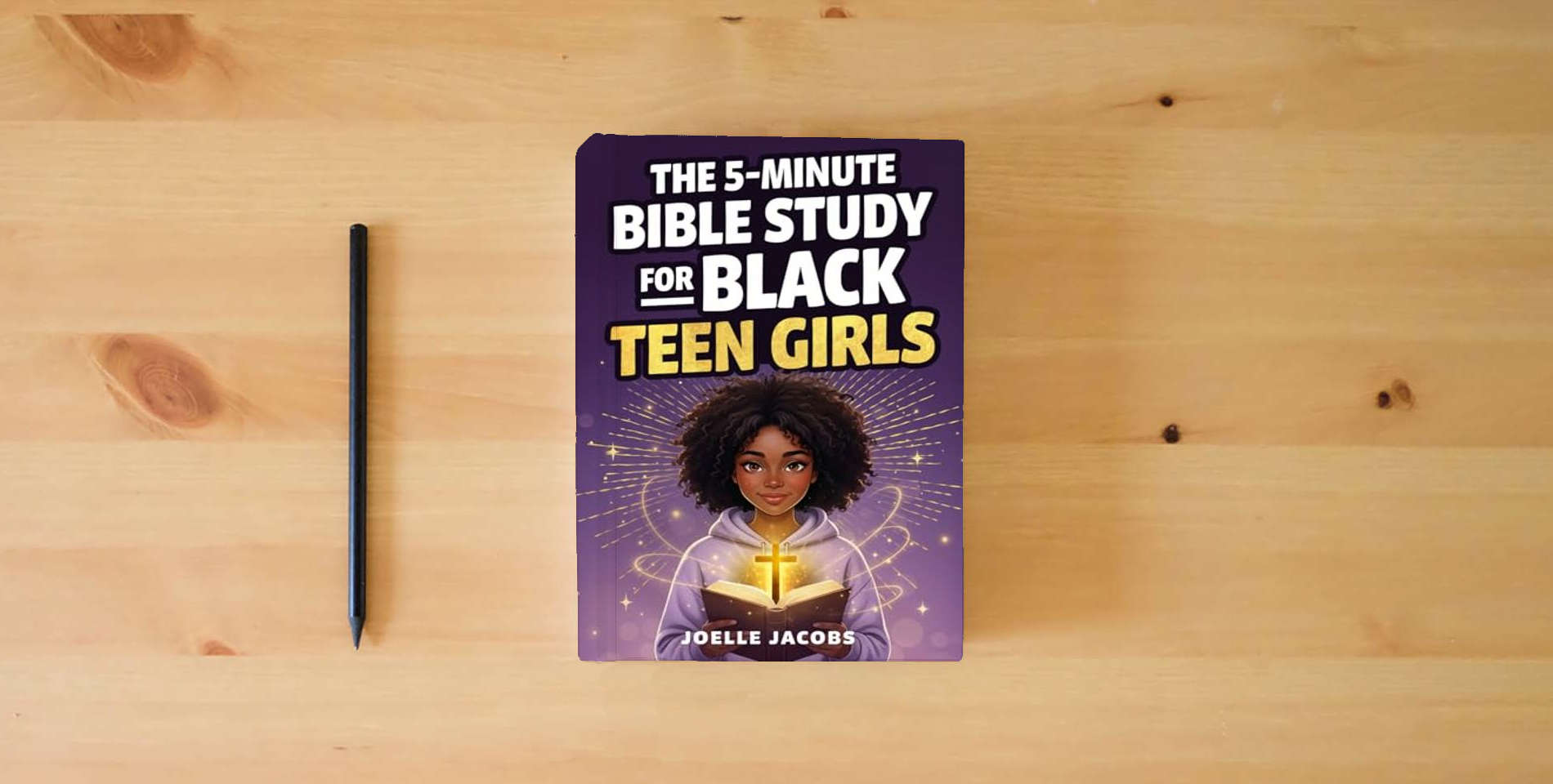The book The 5-minute Bible Study for Black Teen Girls: 52 Weeks of Biblical Wisdom to Build Confidence, Grow Closer to God, Shine Your Light, and Navigate Life with Faith, Grace, and Unshakable Joy is on the table