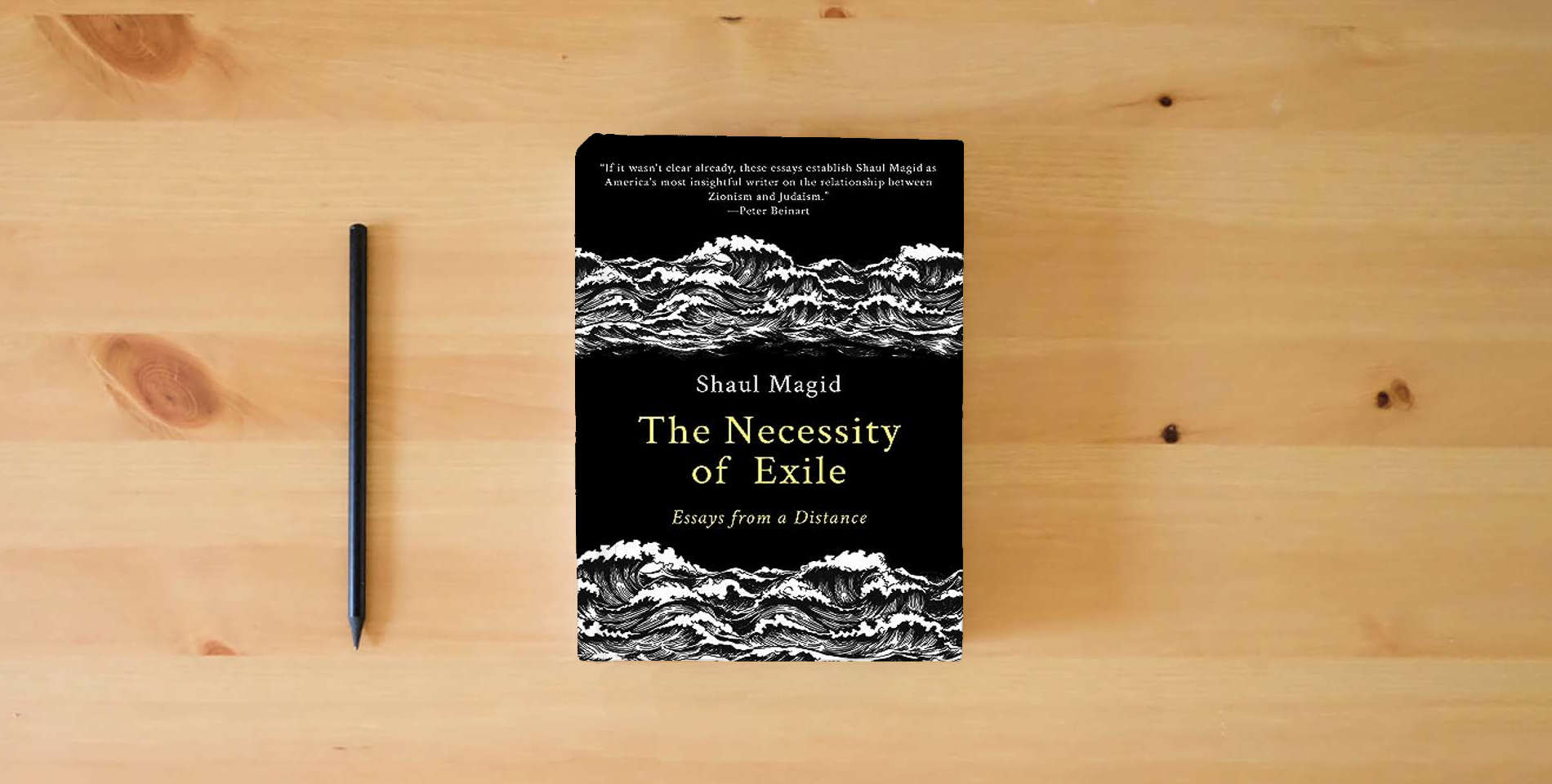 The book The Necessity of Exile: Essays from a Distance (Political Imagination) is on the table