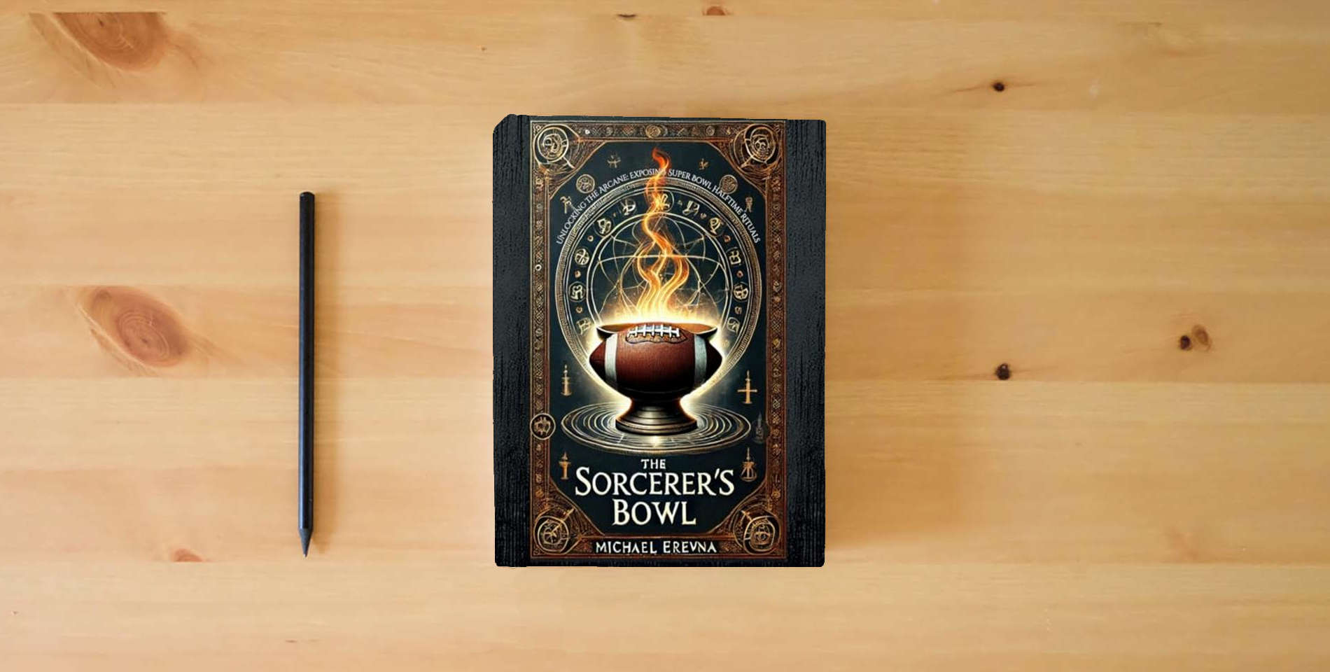 The book The Sorcerer's Bowl: Unlocking the Arcane and Exposing Super Bowl Halftime Rituals (Halftime Secrets: The Occult Rituals of the Super Bowl) is on the table