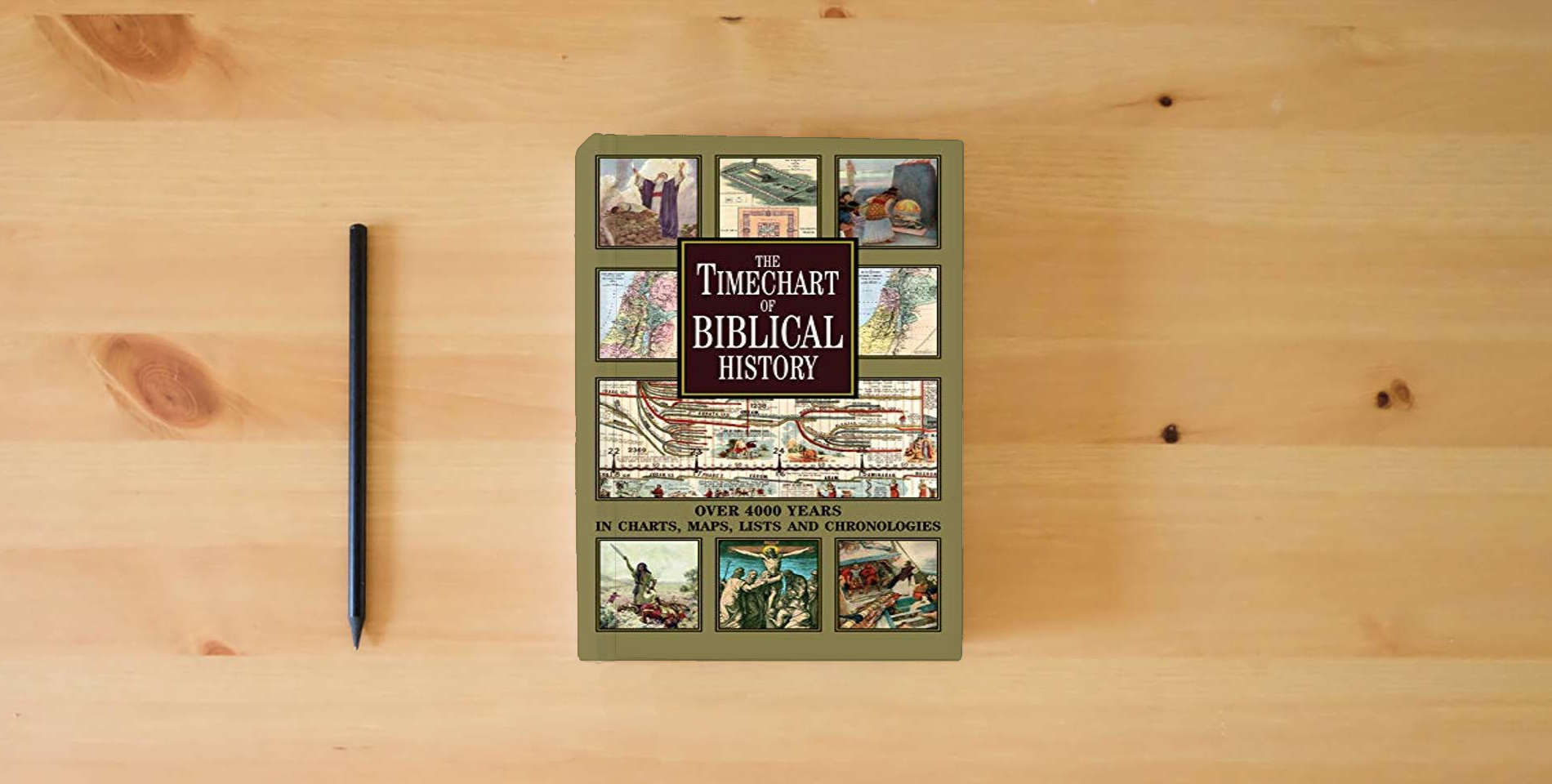 The book The Timechart of Biblical History: Over 4000 Years in Charts, Maps, Lists and Chronologies is on the table