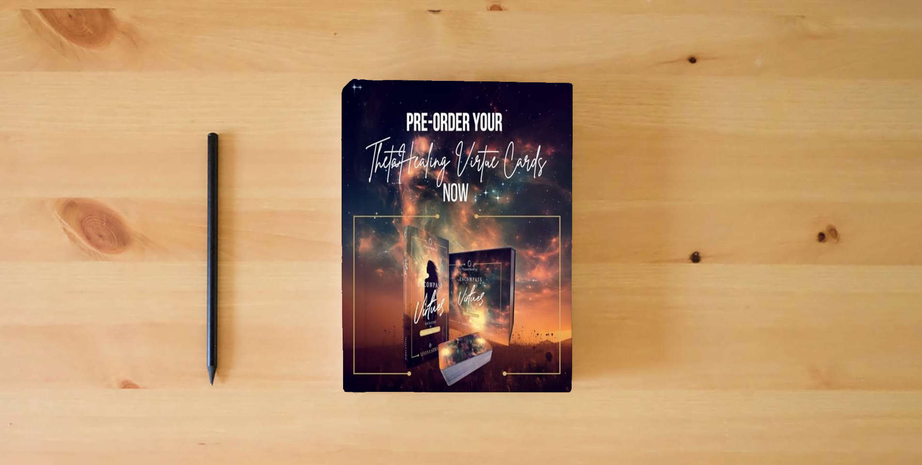 The book ThetaHealing Virture Cards Hard Cover is on the table