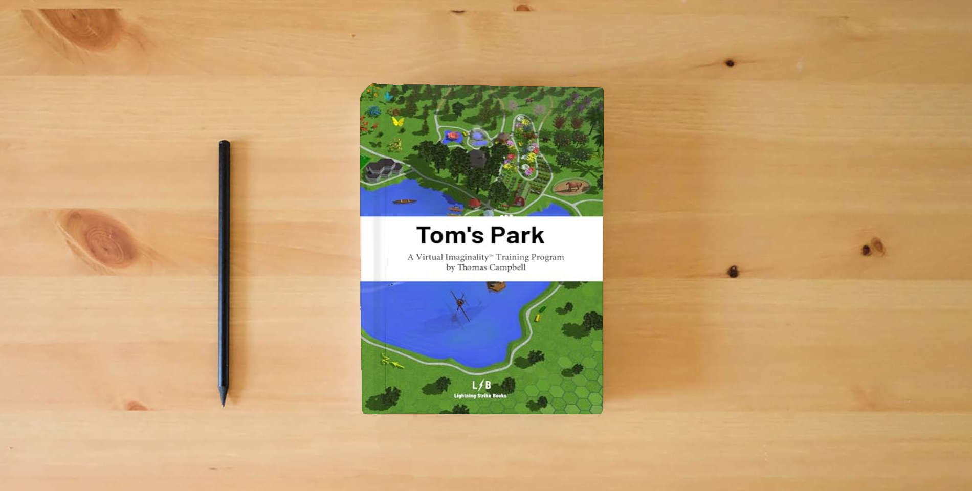 The book Tom's Park: A Virtual Imaginality™ Training Program is on the table