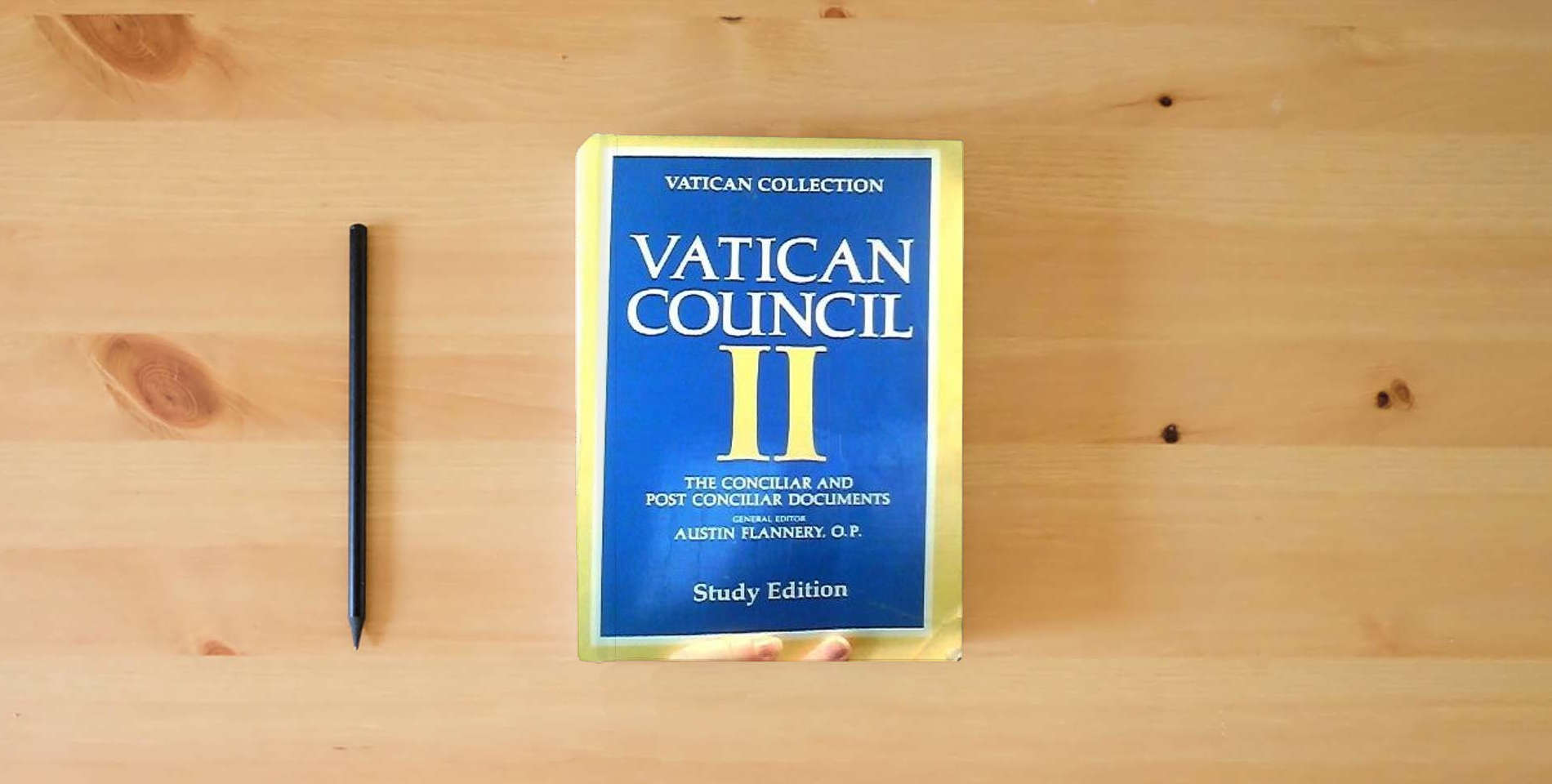 The book Vatican Council II: The Conciliar and Post Conciliar Documents, Study Edition is on the table