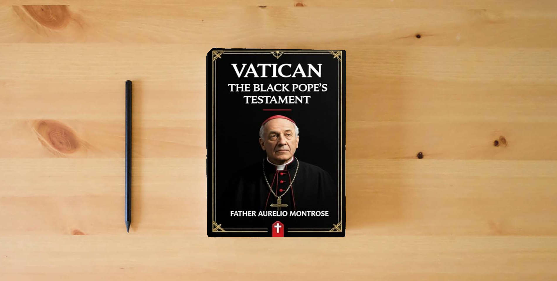 The book VATICAN: The Black Pope’s Testament is on the table
