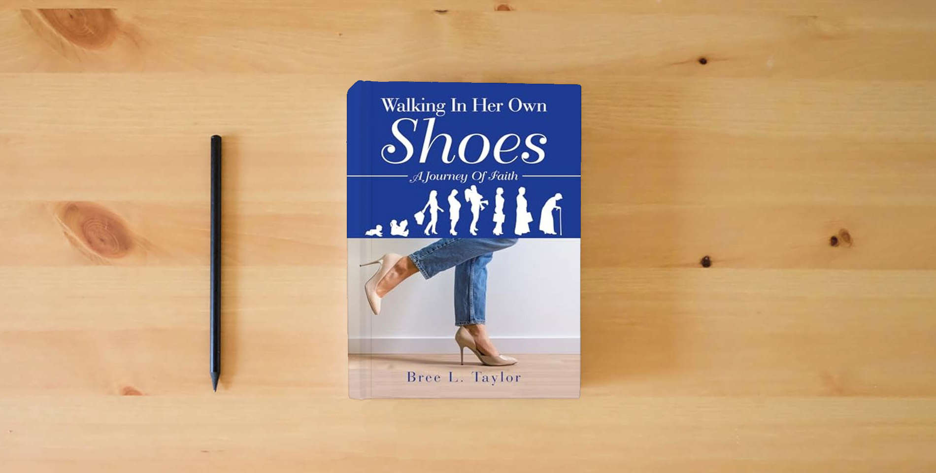 The book Walking In Her Own Shoes: A Journey Of Faith is on the table