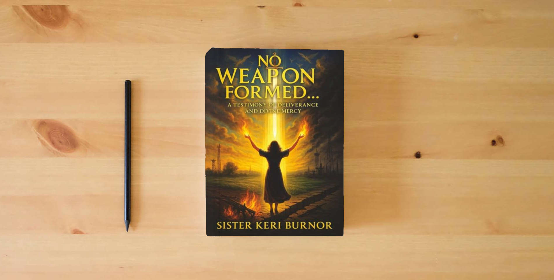 The book No Weapon Formed: A Testimony of Deliverance and Divine Mercy (The Seven Scrolls of Kingdom Remembrance) is on the table