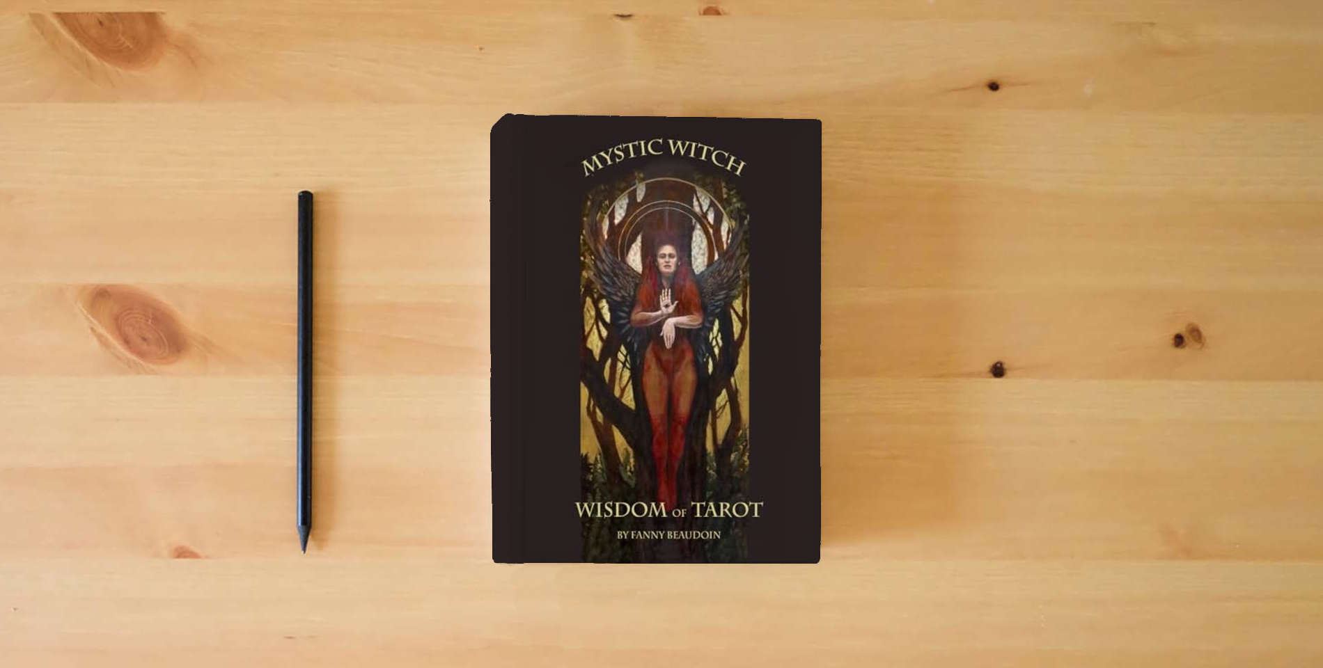 The book Wisdom of Tarot is on the table