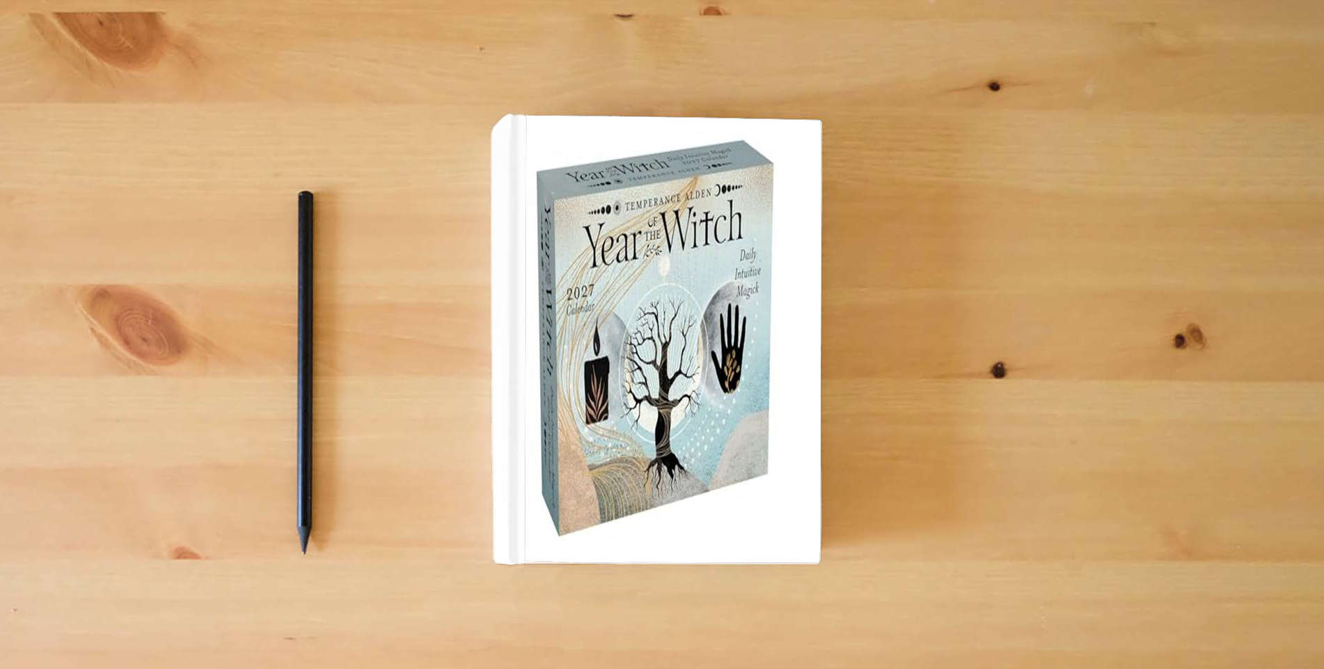 The book Year of the Witch 2027 Day-to-Day Calendar: Daily Intuitive Magick is on the table