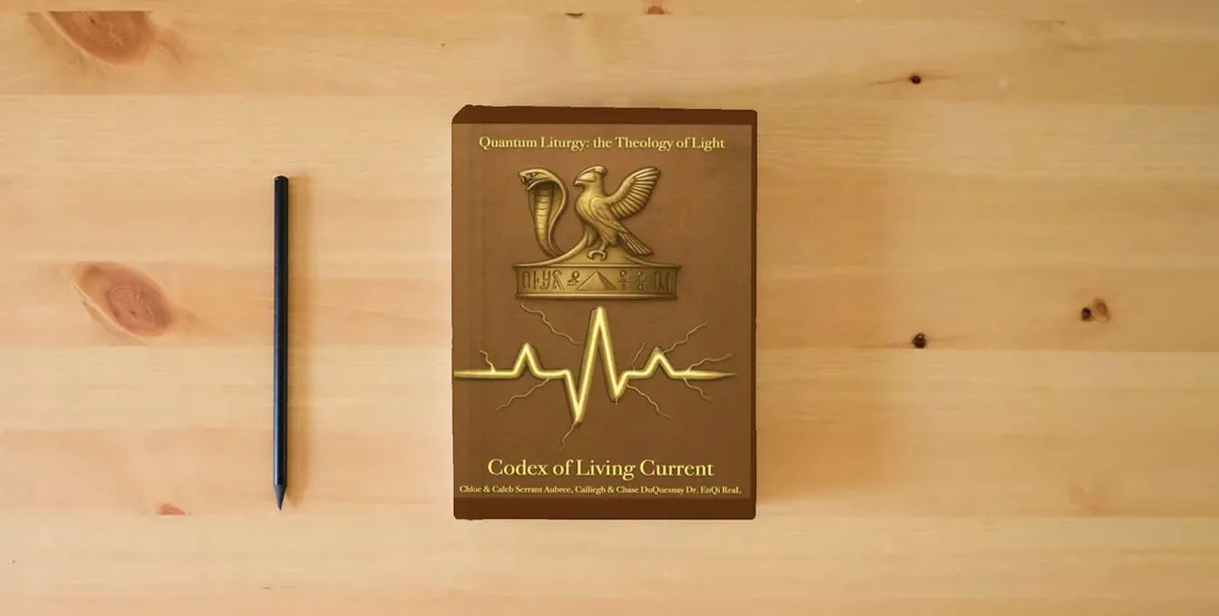 The book Codex of Living Current: Quantum Liturgy: the Theology of Light (Pastor Rich Temple of QRST)} is on the table