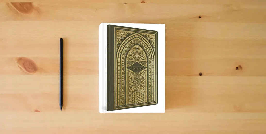 The book ESV Illuminated Scripture Journal: Revelation} is on the table
