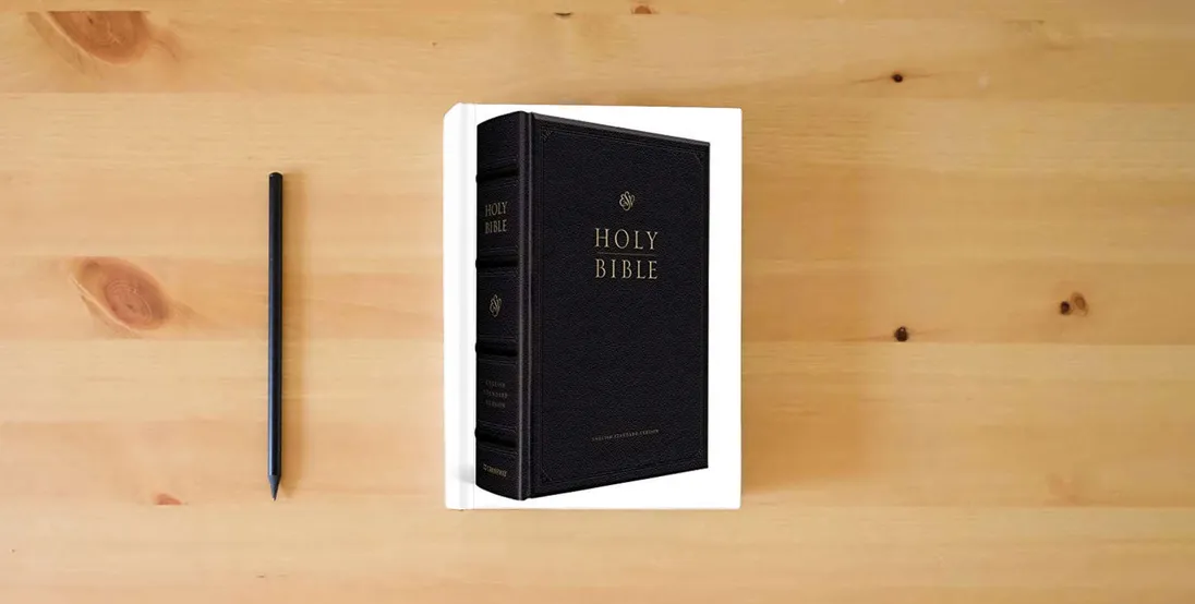 The book ESV Pulpit Bible (Cowhide over Board, Black)} is on the table