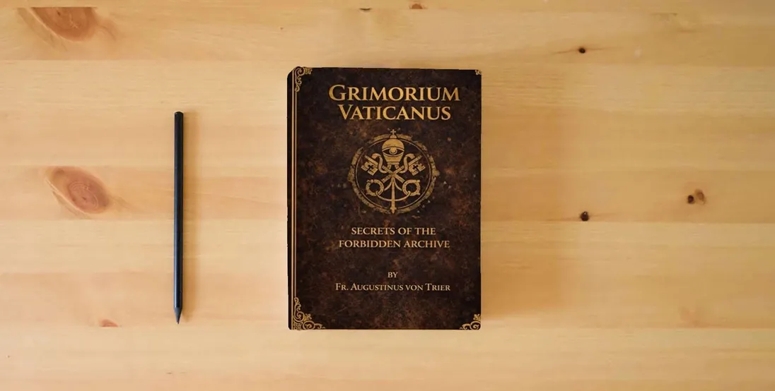The book GRIMORIUM VATICANUS: Secrets of the Forbidden Archive} is on the table