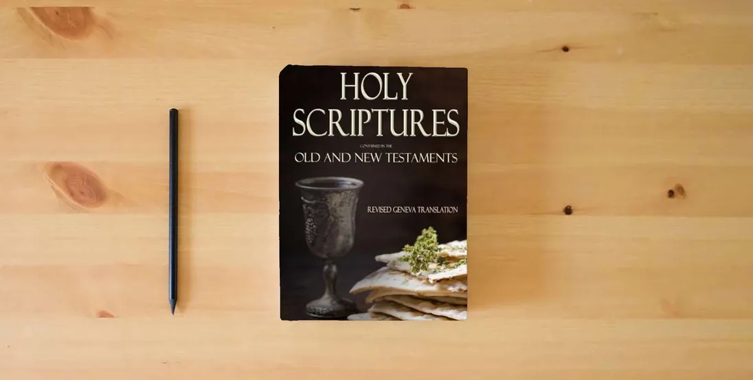 The book Holy Scriptures Contained in the Old and New Testaments: Revised Geneva Translation} is on the table