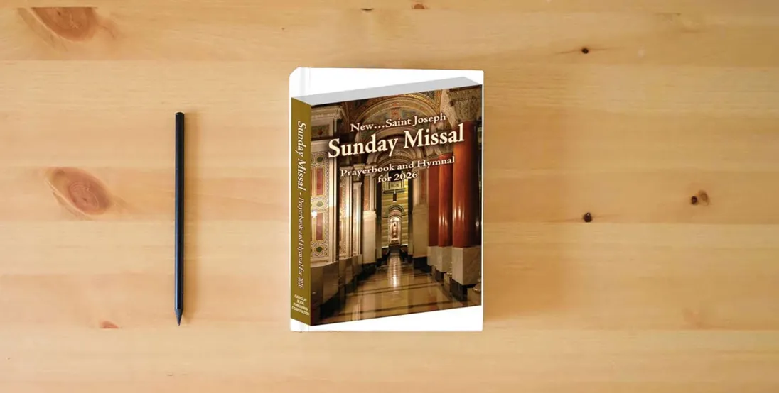 The book St. Joseph Sunday Missal Prayerbook and Hymnal for 2026 [Paperback] Catholic Book Publishing Corp} is on the table