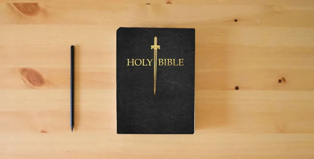 The book KJV Sword Bible, Large Print, Black Genuine Leather, Thumb Index: (Red Letter, Premium Cowhide, 1611 Version) (King James Version Sword Bible)} is on the table