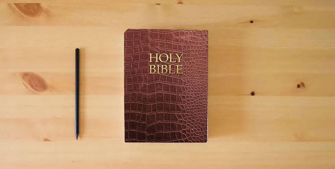 The book KJVER Holy Bible, Large Print, Walnut Alligator Bonded Leather, Thumb Index: (King James Version Easy Read, Red Letter, Burgundy) (King James Version Easy Read Bible)} is on the table