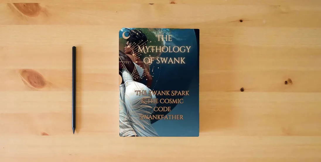 The book Mythology of Swank: The Swank Spark & The Cosmic Code} is on the table