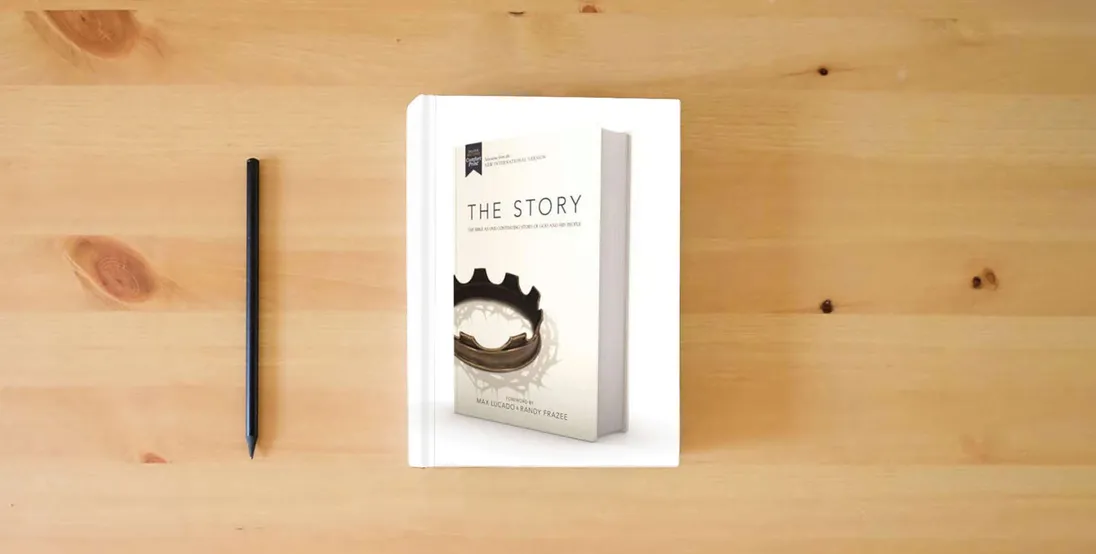 The book NIV, The Story, Hardcover, Comfort Print: The Bible as One Continuing Story of God and His People} is on the table