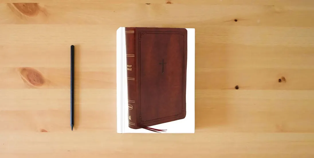 The book NKJV, End-of-Verse Reference Bible, Personal Size Large Print, Leathersoft, Brown, Red Letter, Comfort Print: Holy Bible, New King James Version} is on the table