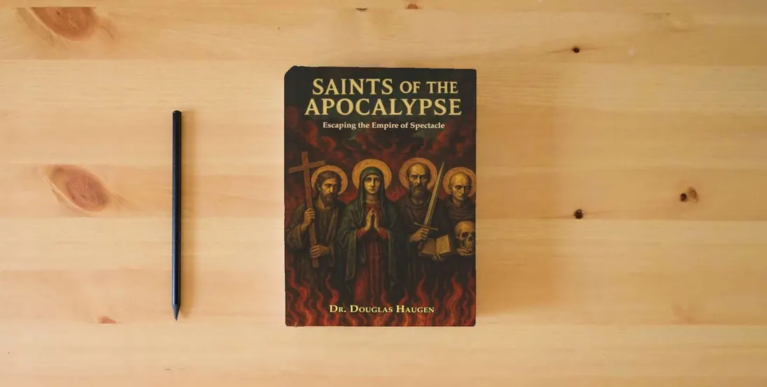 The book Saints of the Apocalypse: Escaping the Empire of Spectacle} is on the table