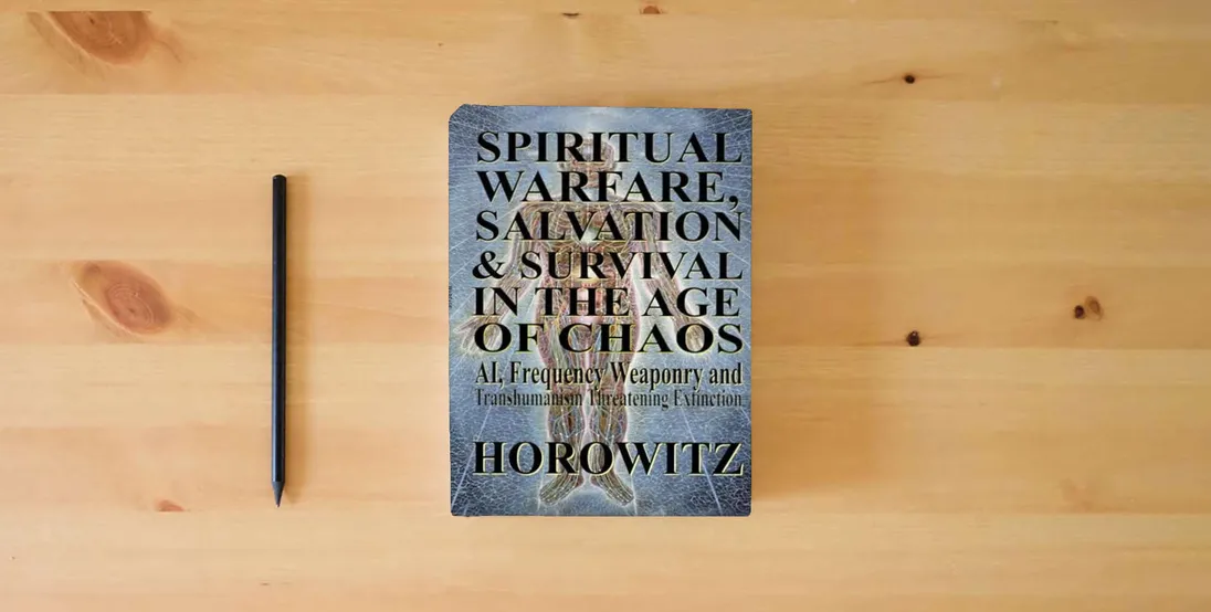 The book Spiritual Warfare, Salvation & Survival in The Age of Chaos: AI, Frequency Weaponry, and Transhumanist Conversion of Civilization Threatening Extinction} is on the table