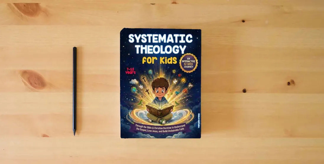 The book Systematic Theology for Kids: An Interactive 52-Week Journey Through the Bible & Christian Doctrine to Understand the Gospel, Love Jesus, and Build Unshakable Faith} is on the table
