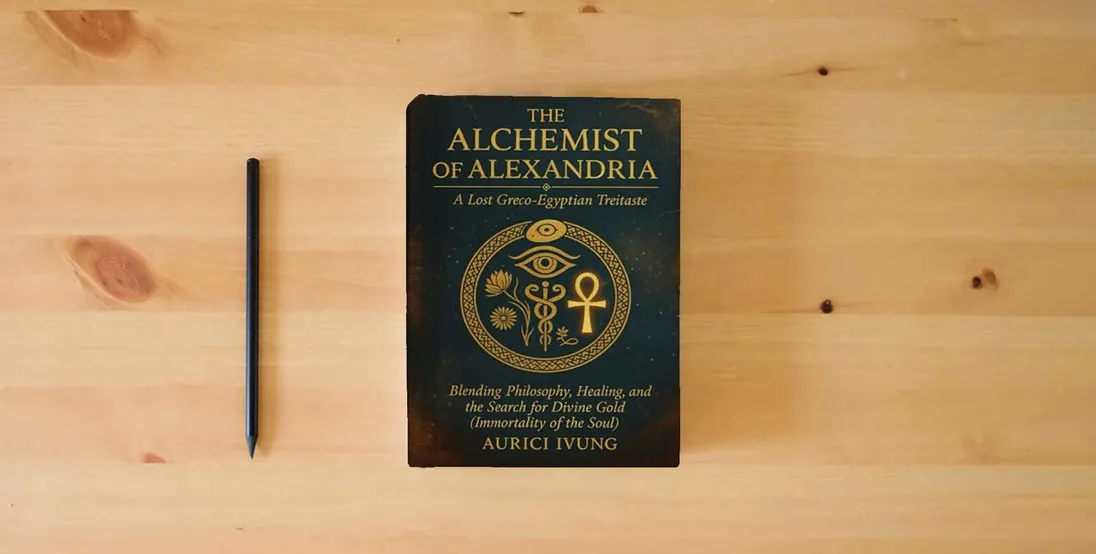 The book THE ALCHEMIST OF ALEXANDRIA} is on the table
