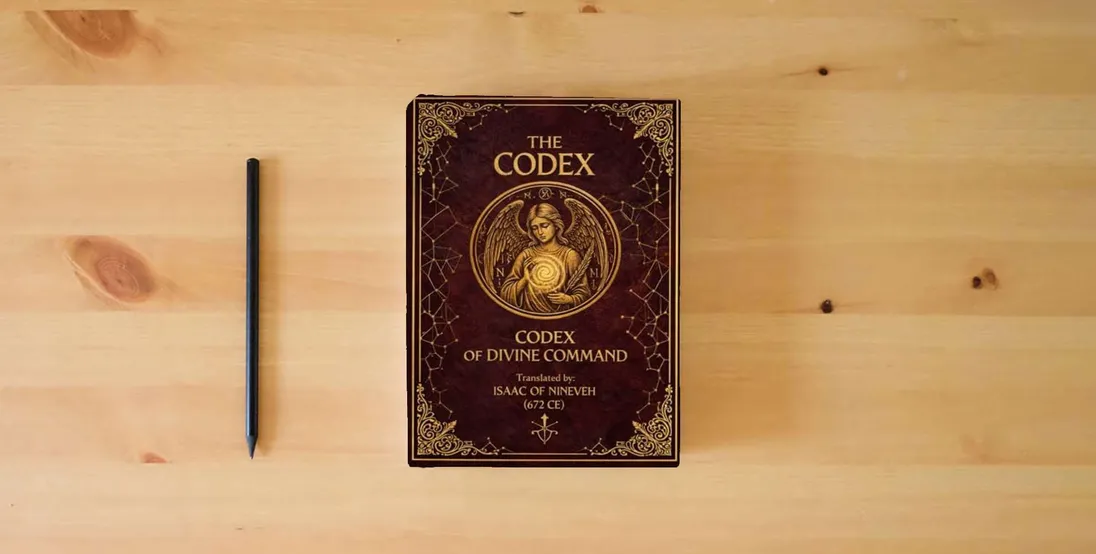 The book THE CODEX OF DIVINE COMMAND} is on the table