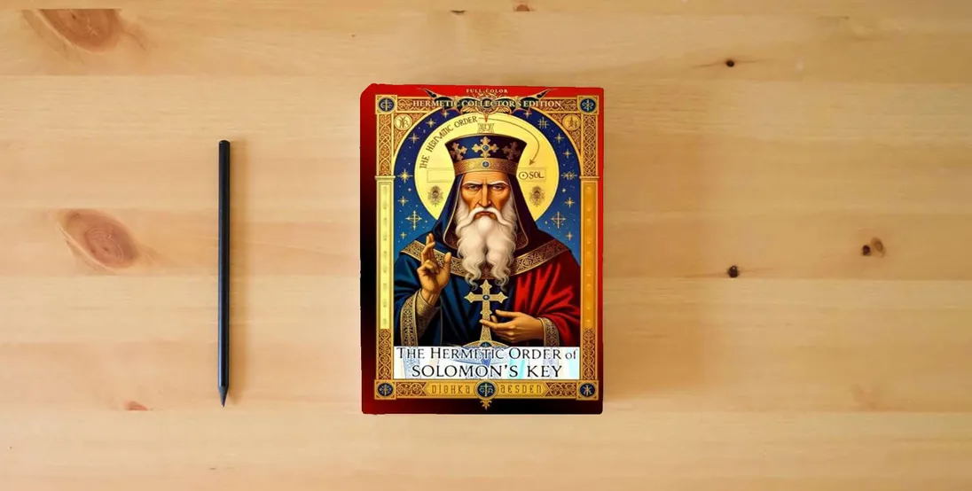 The book The Hermetic Order of Solomon’s Key: The Lost Synthesis of Hermetic Philosophy and Solomonic Magic: Philosophy, Ritual, and Symbolism in the Western Mysteries} is on the table