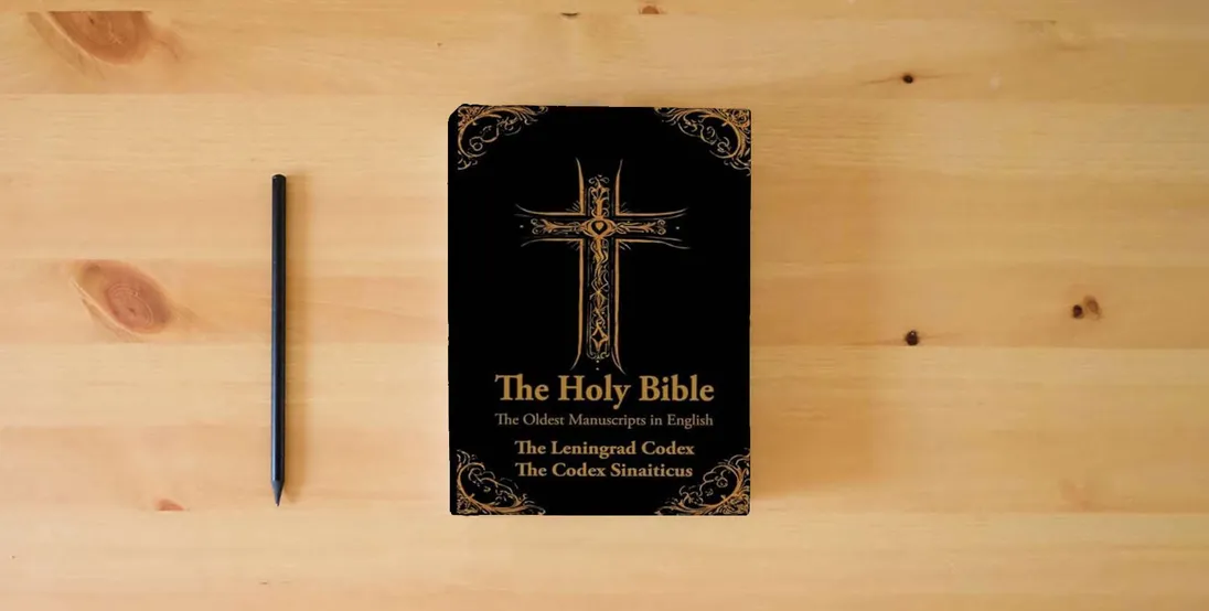 The book The Holy Bible: Oldest Manuscripts in English: The Leningrad Codex and The Codex Sinaiticus} is on the table