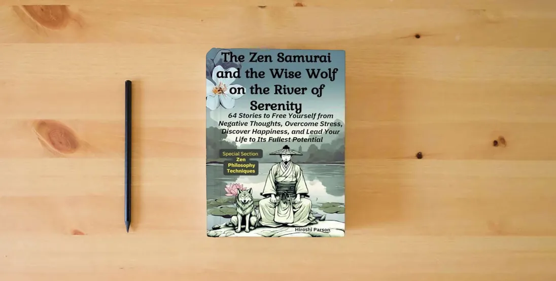 The book The Zen Samurai and the Wise Wolf on the River of Serenity: 64 Stories to Free Yourself from Negative Thoughts, Overcome Stress, Discover Happiness, ... Special Section “Zen Philosophy Techniques”} is on the table